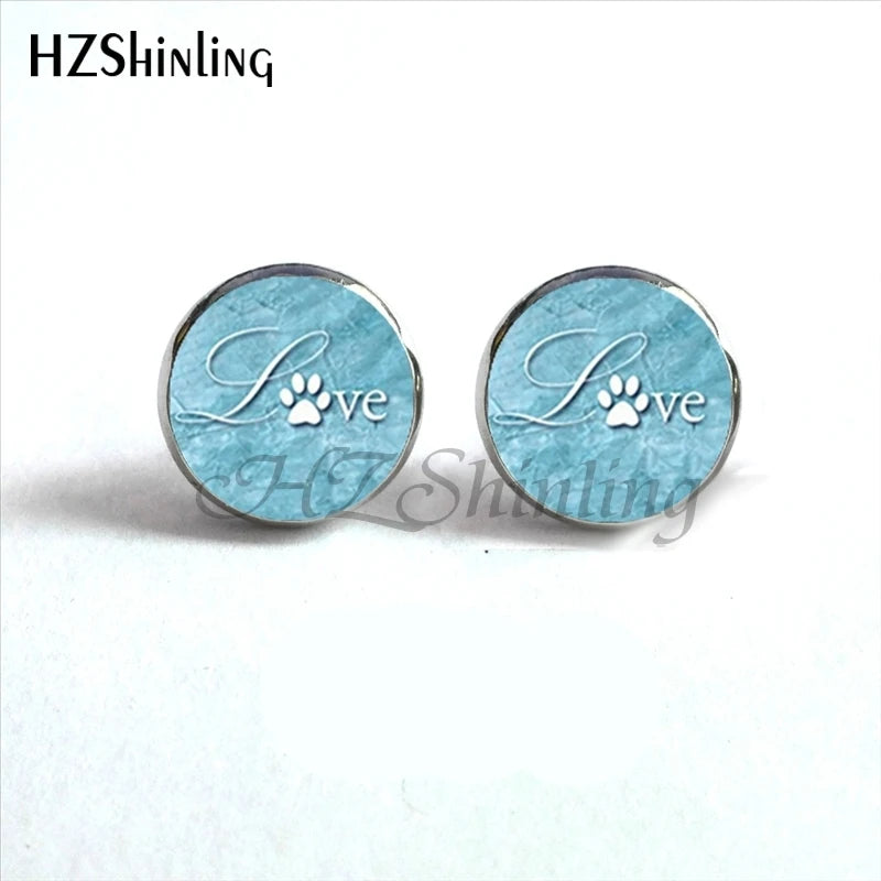 NES-0069  Dog Lovers Earrings Paw Print with Dog Earrings  Lover Jewelry Glass Cabochon Earrings Handmade HZ4