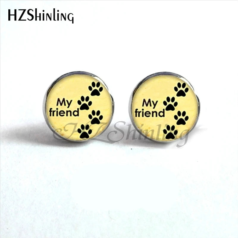 NES-0069  Dog Lovers Earrings Paw Print with Dog Earrings  Lover Jewelry Glass Cabochon Earrings Handmade HZ4