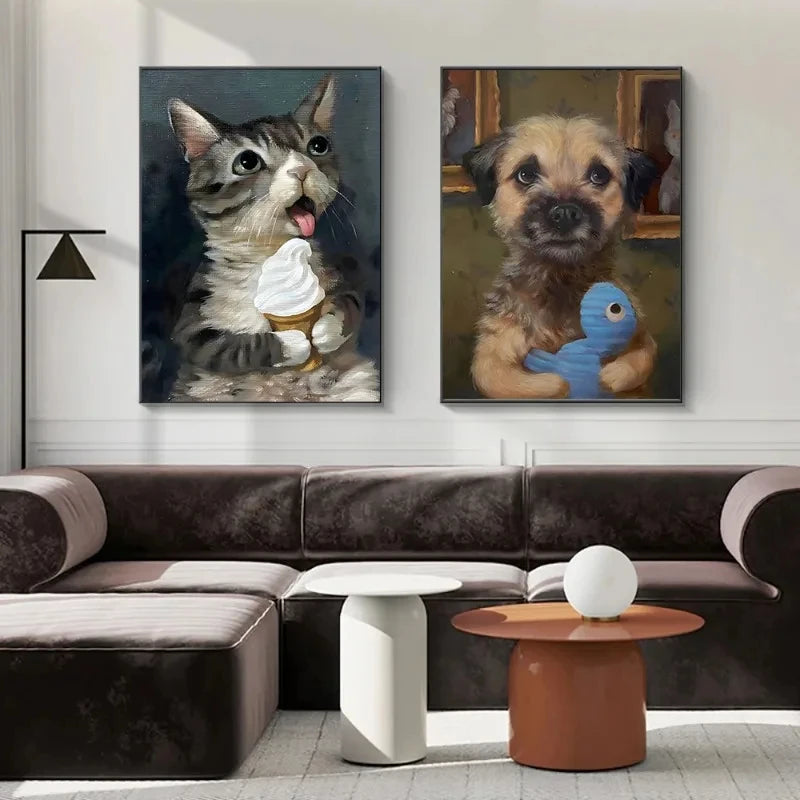 Funny Animals Personify Poster Print Cat Dog Rabbit Hamster Eat Something Canvas Painting Wall Art for Living Room Home Decor