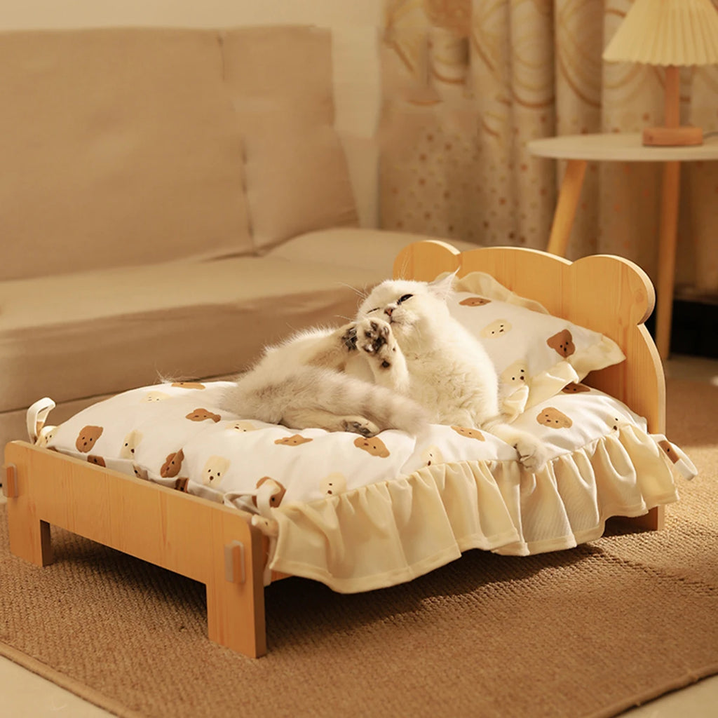 Wooden Cat or Dog Bed With Teddy Bear Pattern - Indoor Pet Furniture - Floor To Ceiling Bed(20*11inch)Comfortable Durable