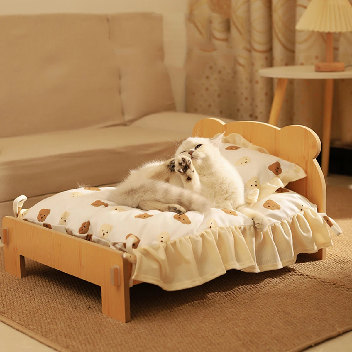 Wooden Cat or Dog Bed With Teddy Bear Pattern - Indoor Pet Furniture - Floor To Ceiling Bed(20*11inch)Comfortable Durable