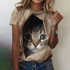 3-D artistic Cat T-shirt Short sleeves Women
