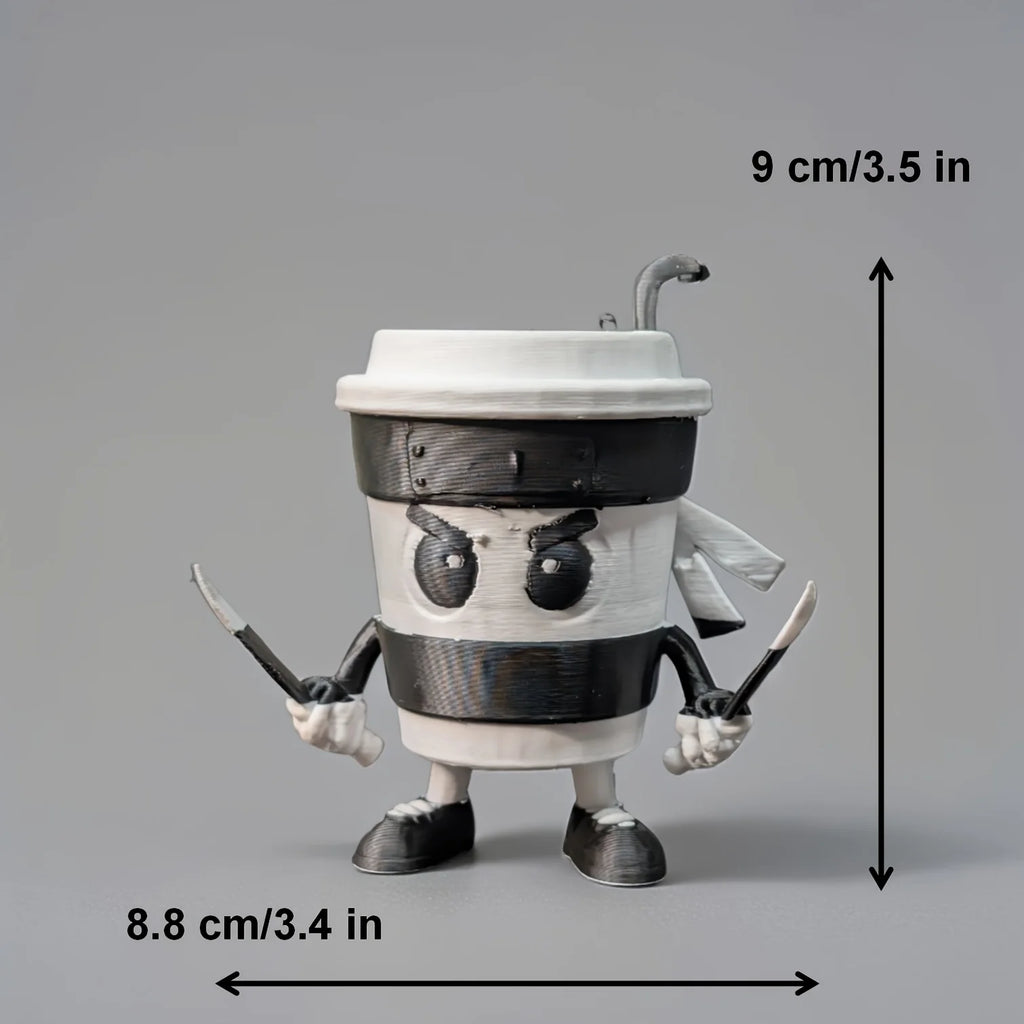 3D-printed Cappuccini Assassini Collector's Edition -  Animated character made from a coffee cup on a wooden surface with background kitchen items