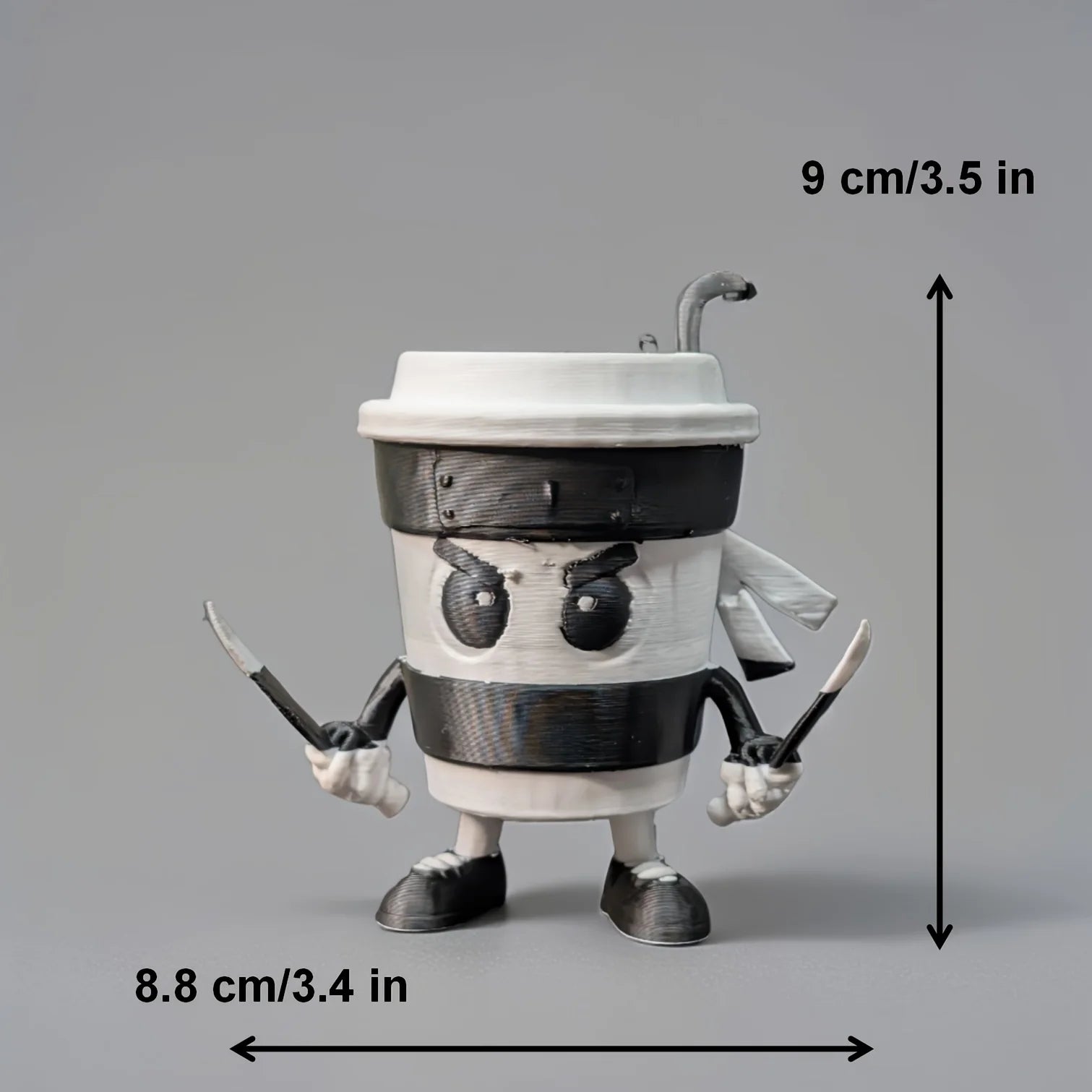 3D-printed Cappuccini Assassini Collector's Edition -  Animated character made from a coffee cup on a wooden surface with background kitchen items