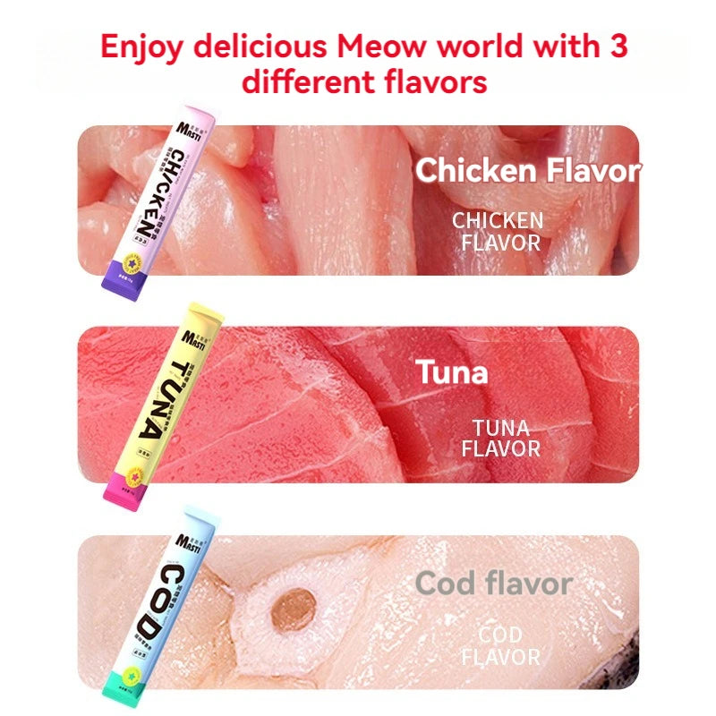 10pcs Cat Pet Snacks 15g/Stripe Liquid Wet Grain Tuna, Chicken, Cod choice flavors, Excellent Stocking stuffers, healthy