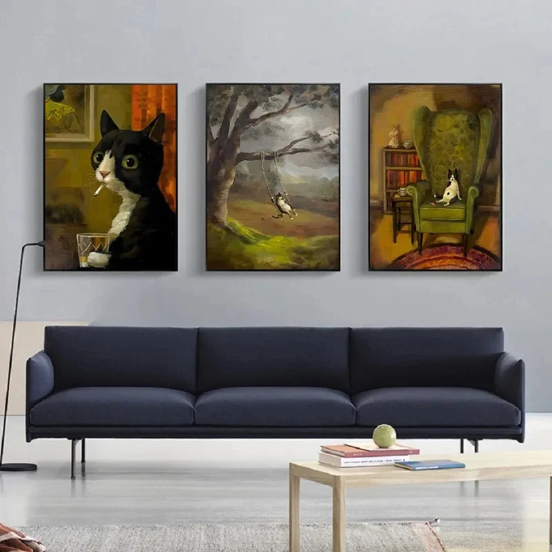 Funny Animals Personify Poster Print Cat Dog Rabbit Hamster Eat Something Canvas Painting Wall Art for Living Room Home Decor