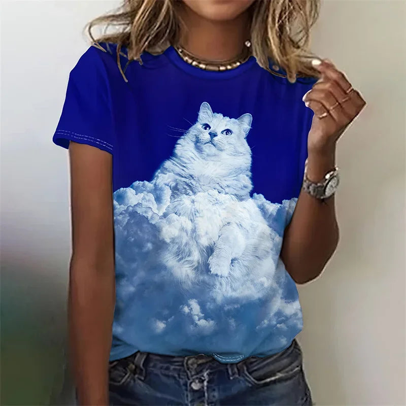 3-D artistic Cat T-shirt Short sleeves Women