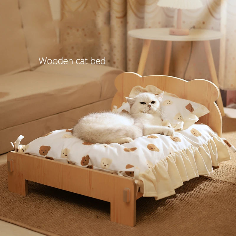 Wooden Cat or small Dog Bed,  Teddy Bear Pattern Cover Furniture, Comfortable Durable, warm and inviting.