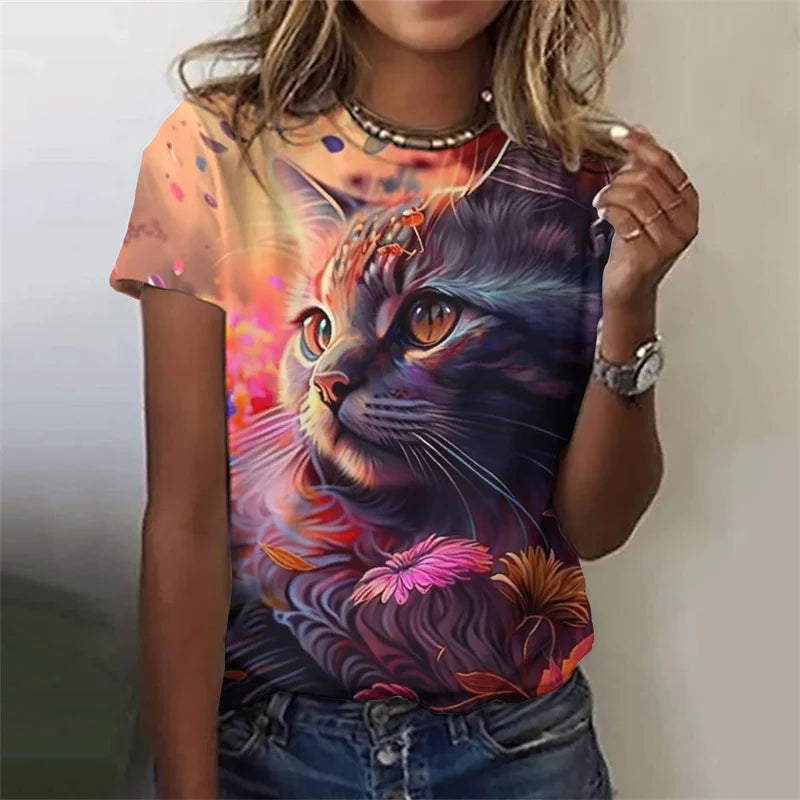 3-D artistic Cat T-shirt Short sleeves Women