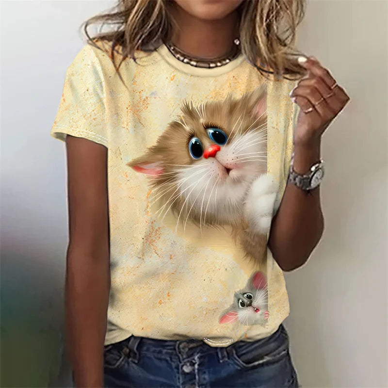 3-D artistic Cat T-shirt Short sleeves Women
