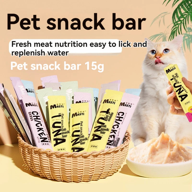 10pcs Cat Pet Snacks 15g/Stripe Liquid Wet Grain Tuna, Chicken, Cod choice flavors, Excellent Stocking stuffers, healthy