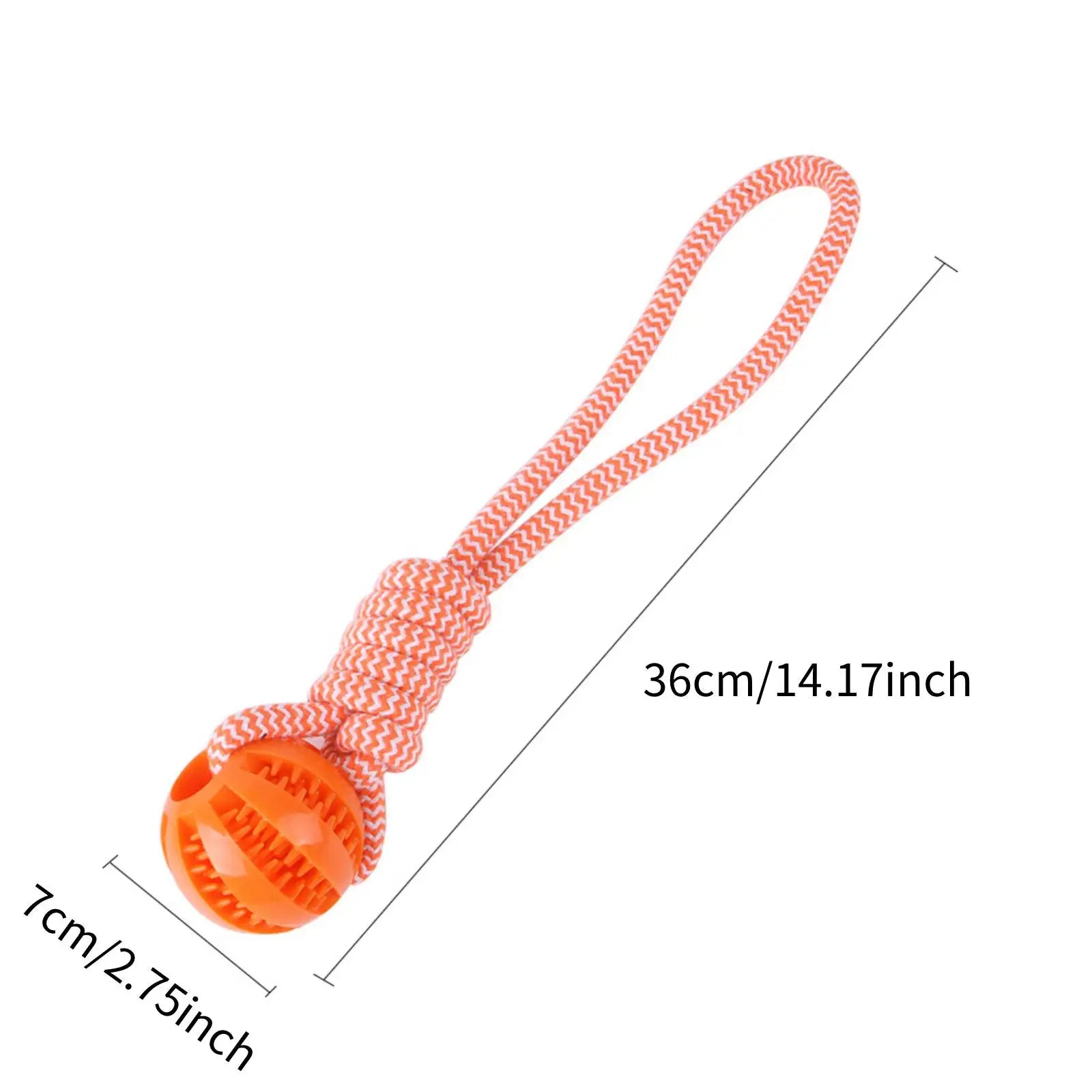 Dog Ball with Rope handle interactive toy with "leaking" treets to help clean teeth