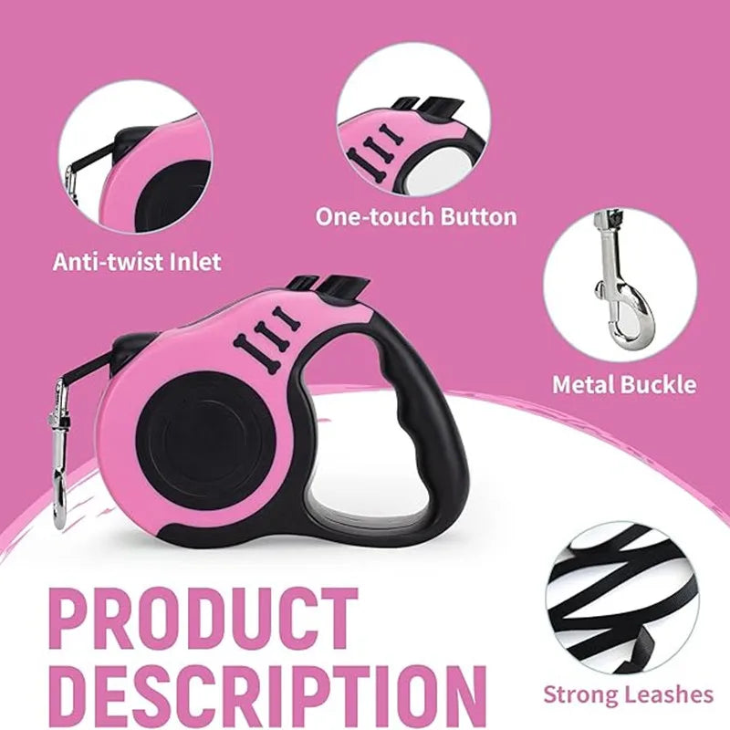 Retractable Nylon Dog Leash, 3m/5m Suitable For Small & Medium Dogs With One-Button Brake & Lock