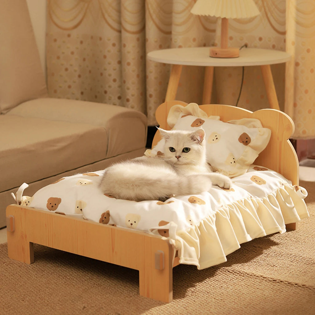 Wooden Cat or Dog Bed With Teddy Bear Pattern - Indoor Pet Furniture - Floor To Ceiling Bed(20*11inch)Comfortable Durable