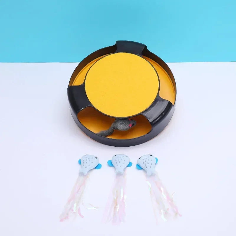 Fun Cat Turntable Toy, Mouse, fish  Chase Trap, Scratching Board Educational Play Turntable