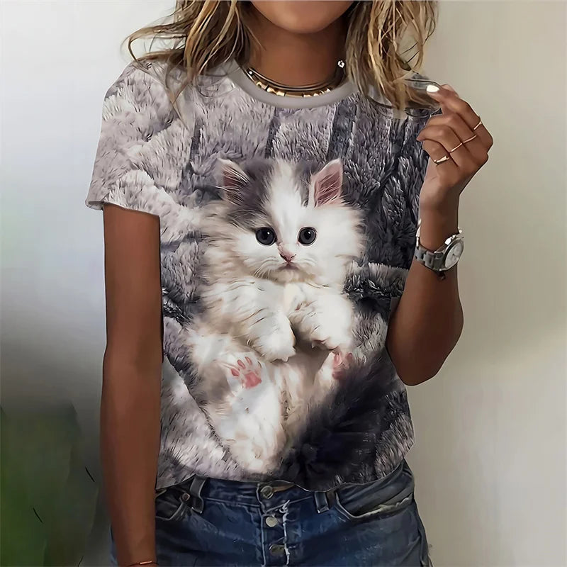 3-D artistic Cat T-shirt Short sleeves Women