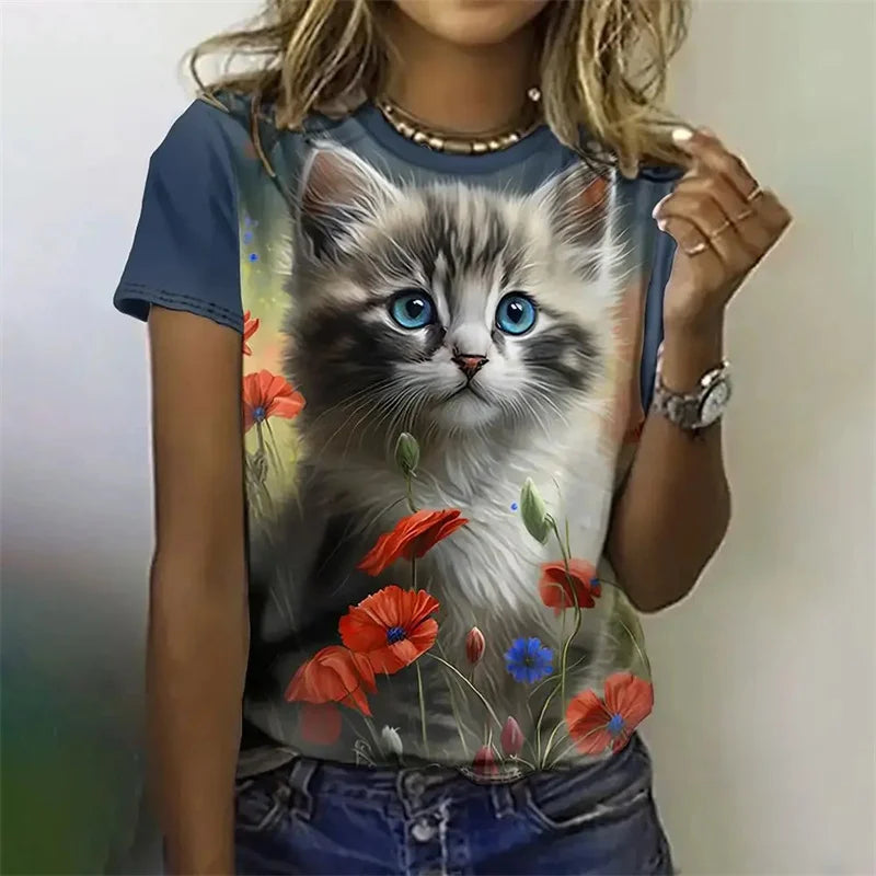 3-D artistic Cat T-shirt Short sleeves Women