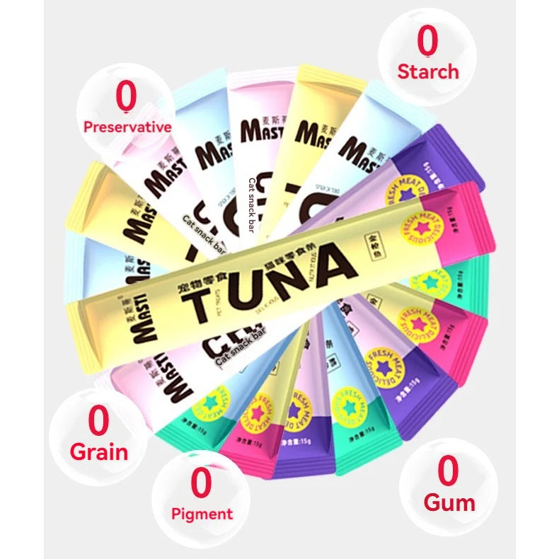 10pcs Cat Pet Snacks 15g/Stripe Liquid Wet Grain Tuna, Chicken, Cod choice flavors, Excellent Stocking stuffers, healthy