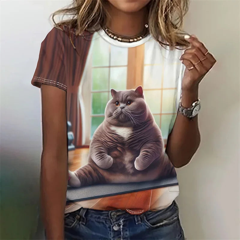 3-D artistic Cat T-shirt Short sleeves Women