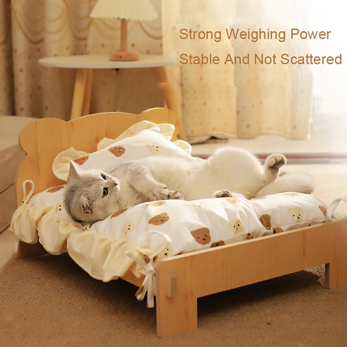 Wooden Cat or small Dog Bed,  Teddy Bear Pattern Cover Furniture, Comfortable Durable, warm and inviting.