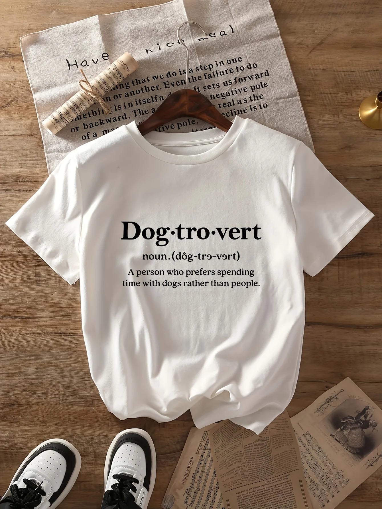 Women's Dog Lover Graphic Print T-Shirt - "Dogtrovert" Short Sleeve